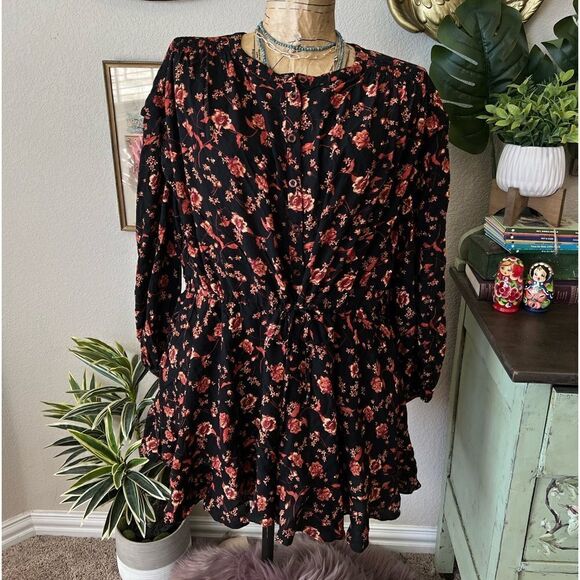 Free People Black Orange Tie Waist Floral Oversized Boho Mini Dress Sz S As Is - Picture 1 of 11